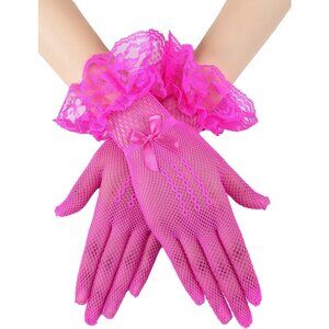 Women's Elegant Rose Red Short Bow Style Lace Gloves Dinner Wedding Party Prom